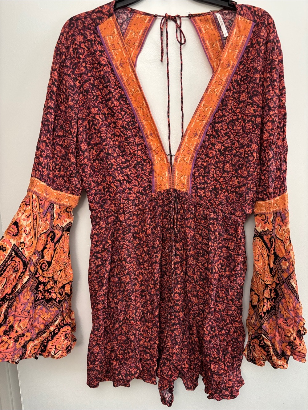 Free People Boho Floral Split-Neck Romper with Bell Sleeves - Rust & Orange